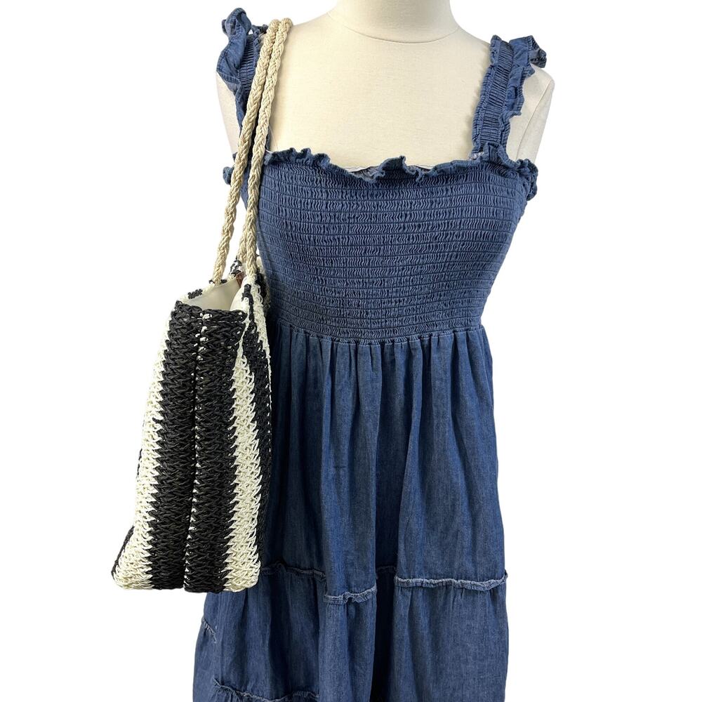 Bueno Tote Bag Large‎ Woven Straw Black Cream Beachy Boho Travel Summer Festival - Picture 13 of 13